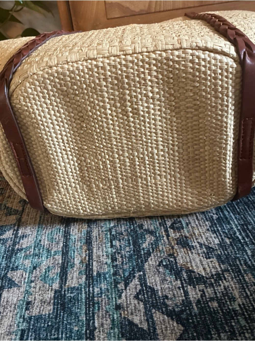 Sezane basket tote natural raffia with brown leather - Picture 7 of 9